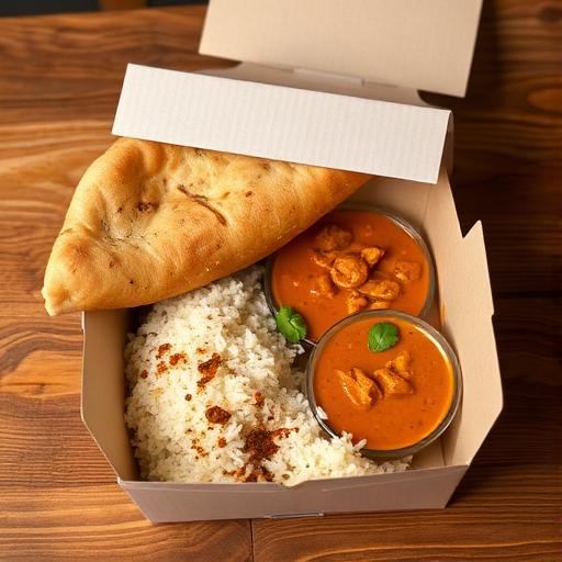 Takeaway meal deal box with curry and naan