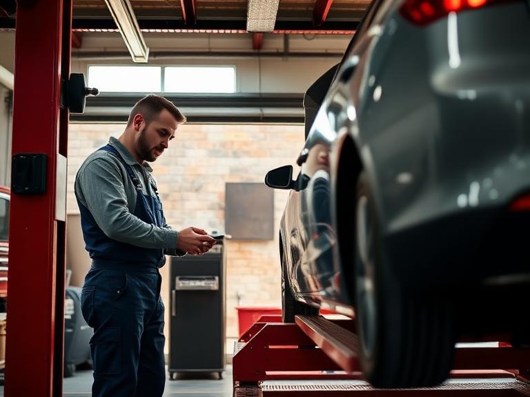 Mechanic inspecting a car on a lift in a UK garage workshop