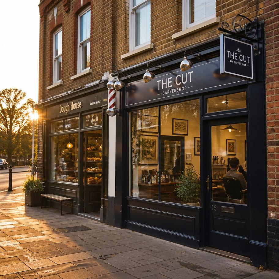 The Cut barbershop shopfront on a British high street at golden hour
